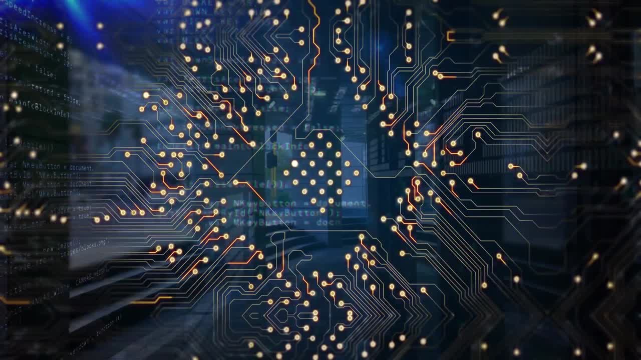 animación de circuitos integrados y procesamiento de datos en pantalla digital azul con luces