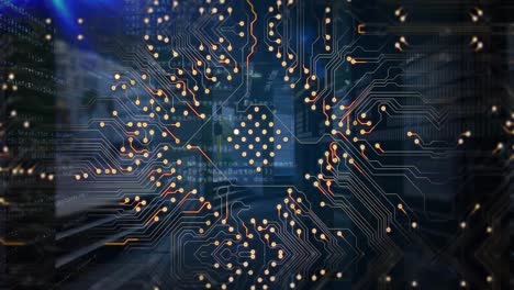 animación de circuitos integrados y procesamiento de datos en pantalla digital azul con luces