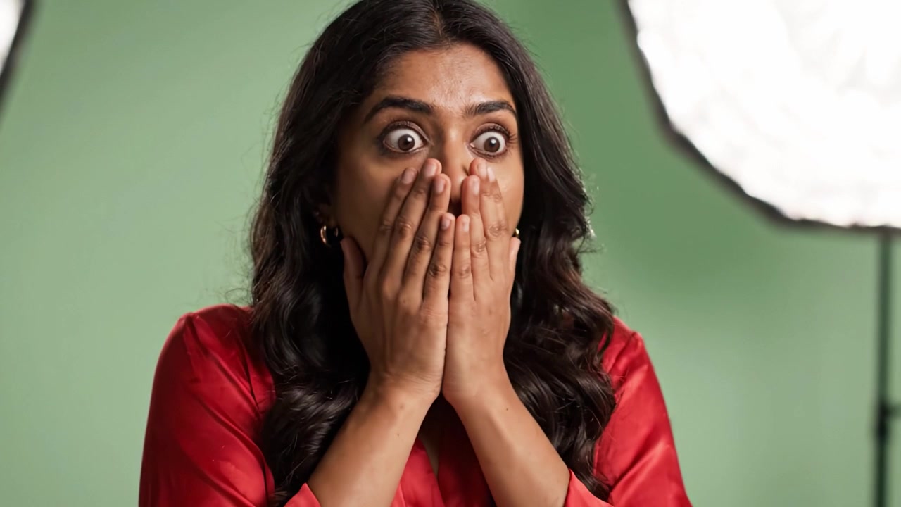 A woman in a red outfit displaying shock and surprise, captured in two frames showcasing her emotional reaction against a green backdrop under studio lighting.