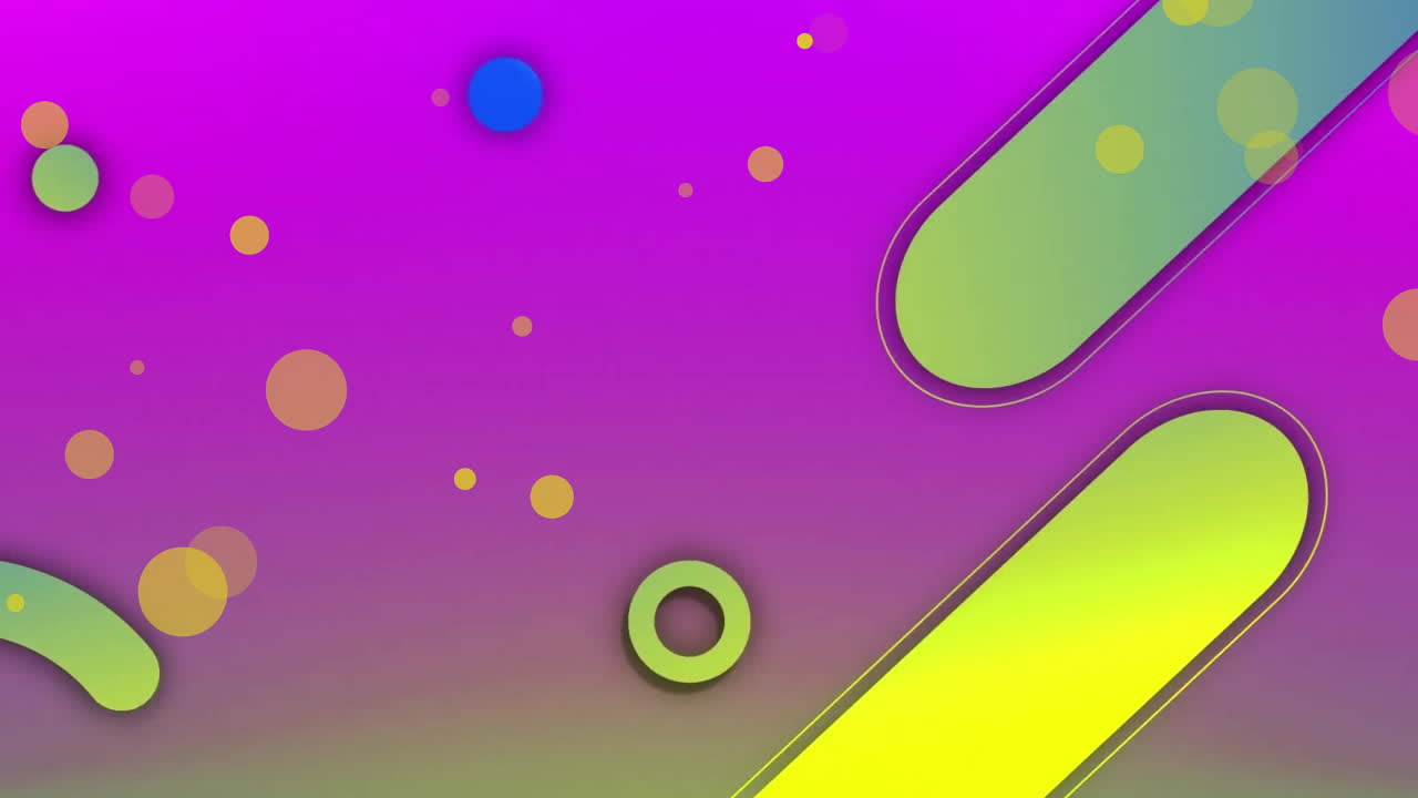 animación de puntos y formas coloridas sobre un fondo púrpura