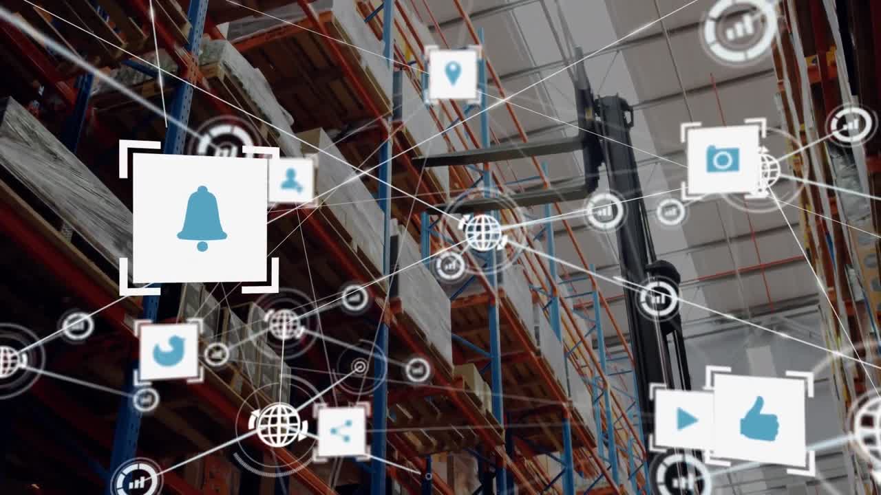 animación de la red de conexiones con iconos sobre el almacén