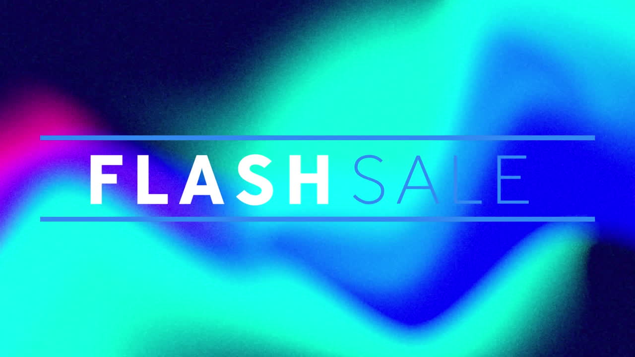 Digital animation of flash sale against liquid texture effect on colorful background