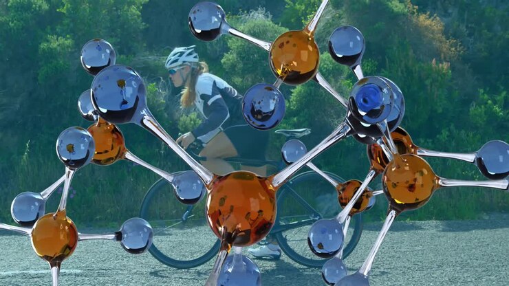 Animation of molecules over caucasian woman cycling