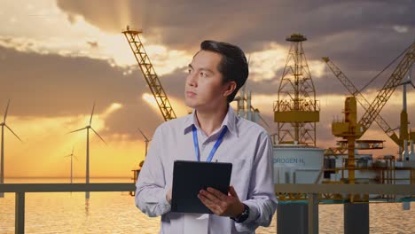 asian male professional worker standing with his tablet with offshore hydrogen production, high-tech industrial facility, he observes by looking around before he come to concentrating with his tablet