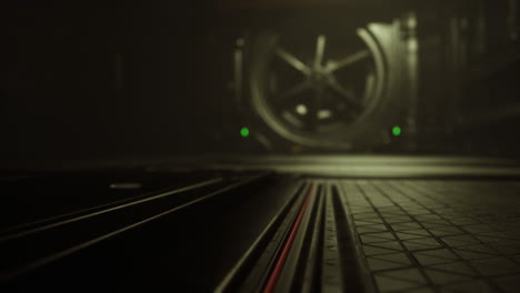 a close-up view of a metal grate floor in a dark, industrial setting.