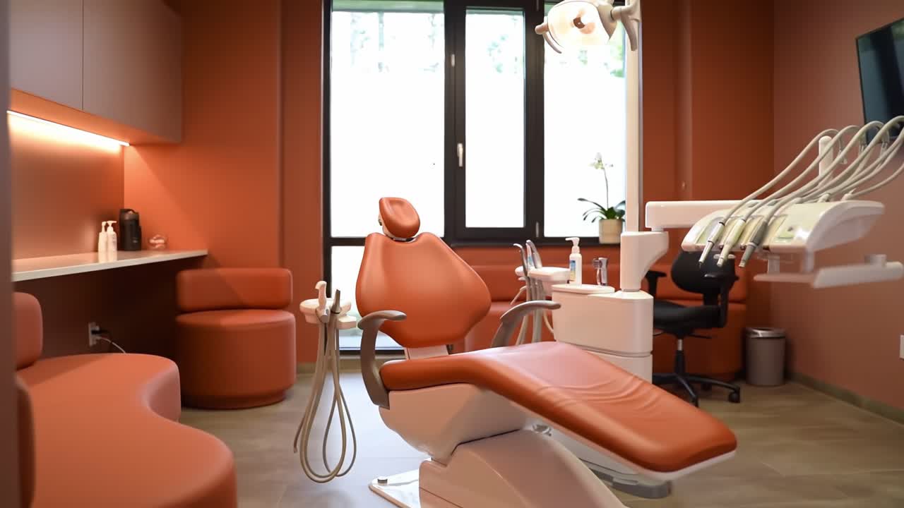 Bright and Welcoming Dental Office: A Modern Treatment Room Designed for Comfort and Efficiency Featuring Ergonomic Dental Chair and State-of-the-Art Equipment