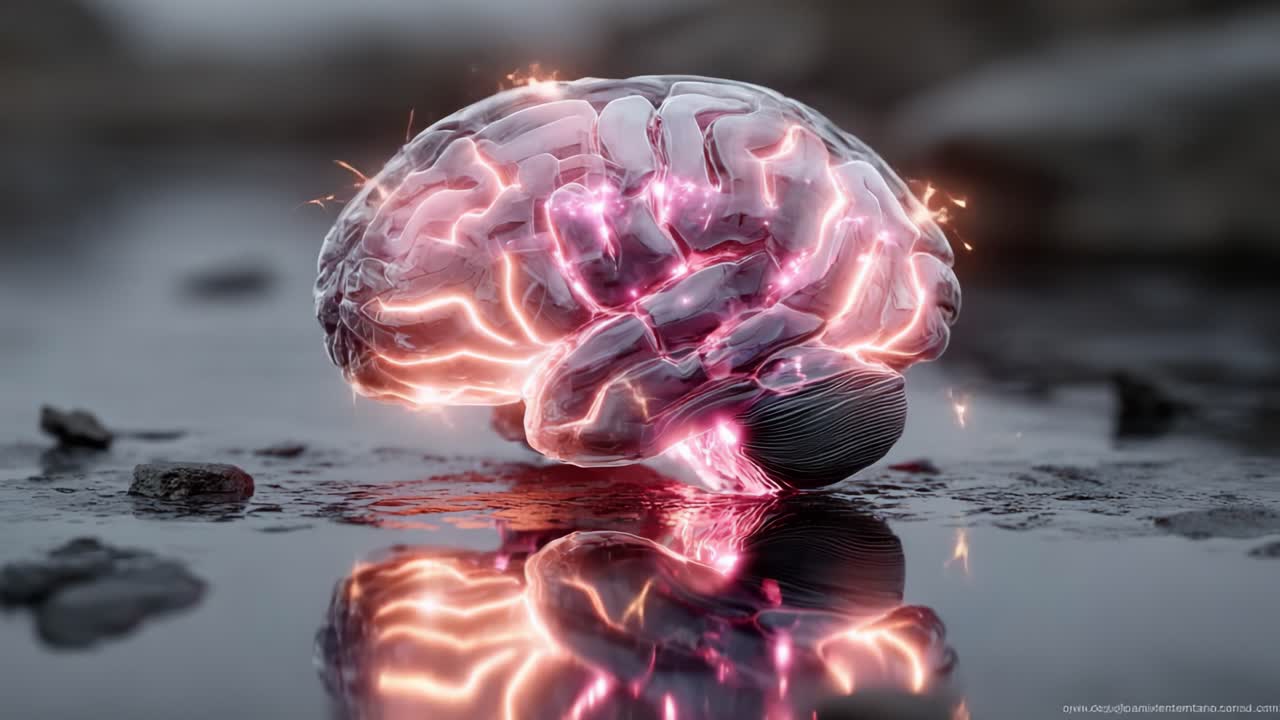 Un'accattivante visualizzazione di un cervello luminoso, che irradia energia al neon, riflesso su una superficie scura, incarnando l'intersezione tra neuroscienze e tecnologia