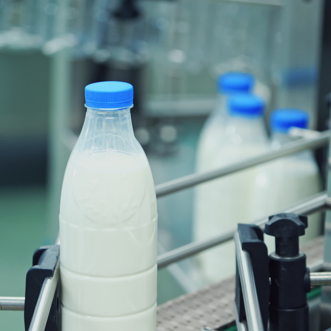 Milk bottles on conveyor belt. Slow motion of bottles with fresh milk. Beverage production line at dairy factory. Modernized milk bottling plant. Close-up.