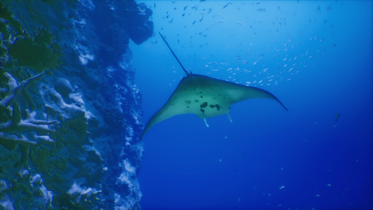 Manta ray gliding over coral reef in clear blue ocean waters