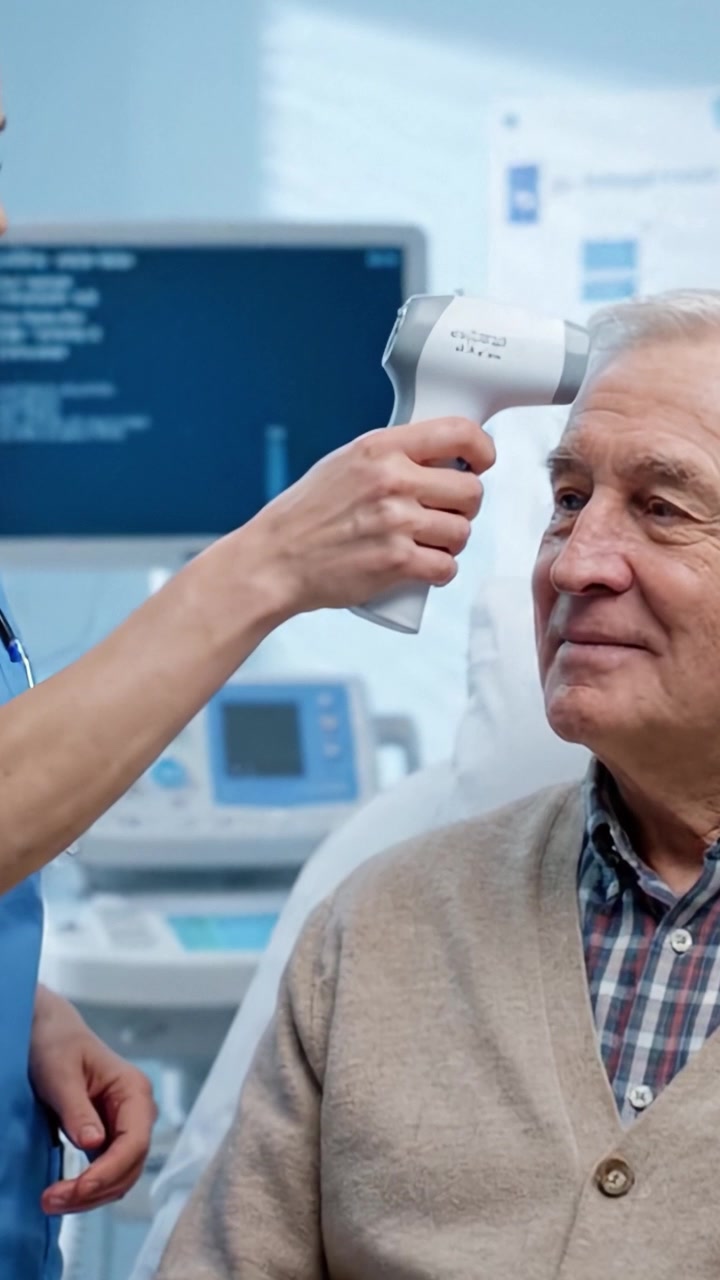 Un professionista sanitario premuroso interagisce con un paziente anziano in un ambiente medico moderno, riflettendo compassione ed esperienza nelle procedure di assistenza al paziente.