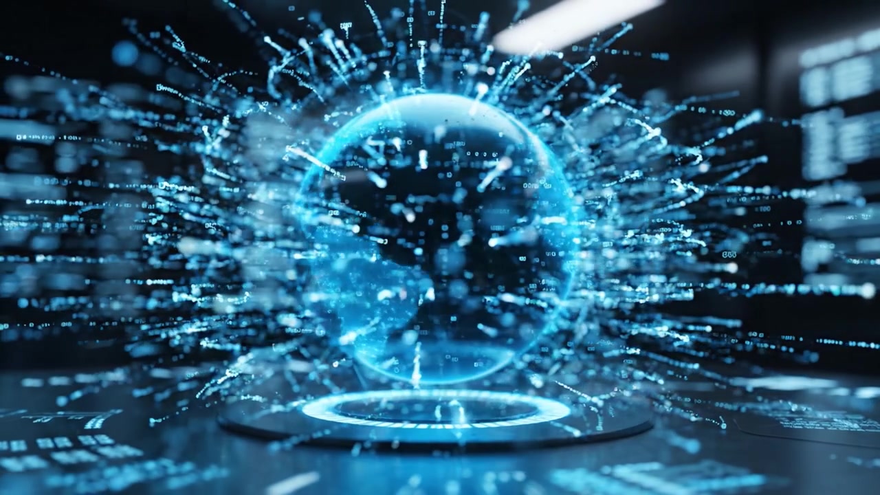 A captivating futuristic blue orb surrounded by shimmering particles and digital interfaces, showcasing advanced technology and visual effects in a high-tech environment.