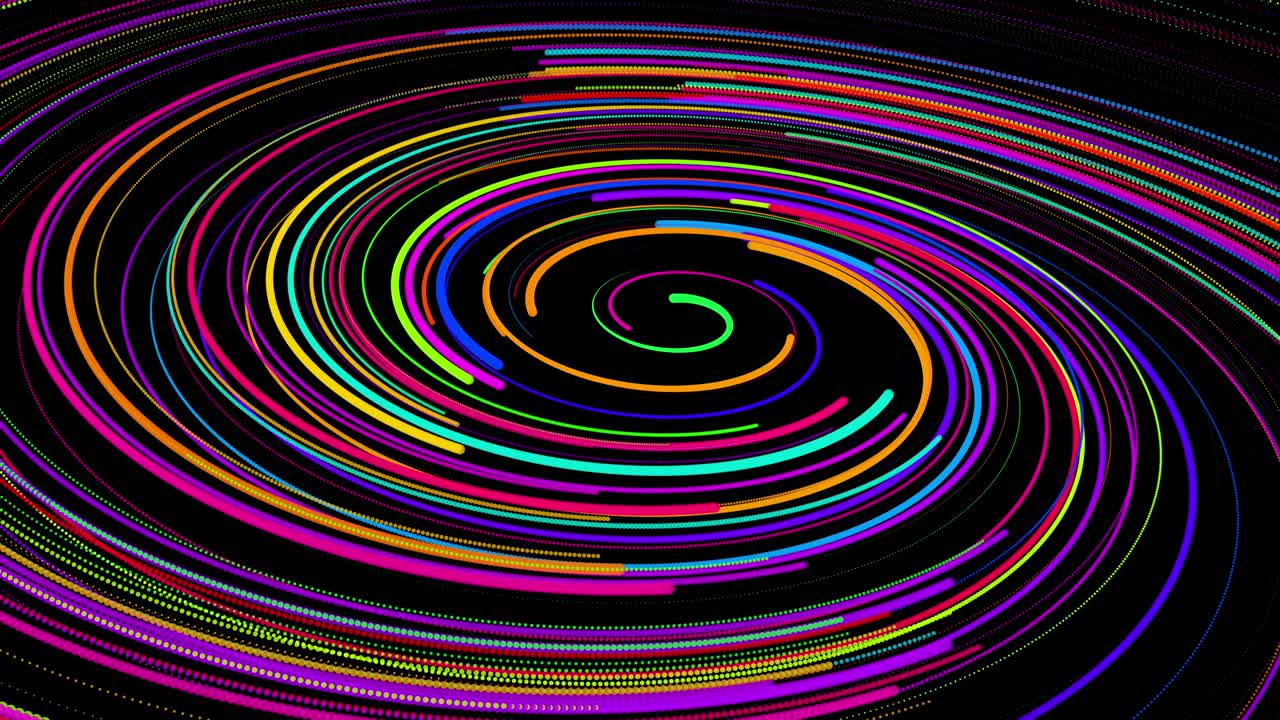 4k에서 세련된 창의적인 추상적인 배경: 회전하는 경로를 따라 회전하는 나선형으로 회전하는 색의 선; 모션 디자인: 선, 나선형 및 추상적인 구조를 형성하는 입자의 bg; 3d 렌더링