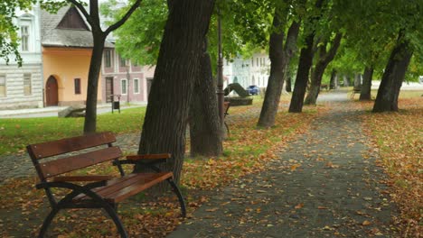 banco del parque malhumorado clima nublado, principios de otoño