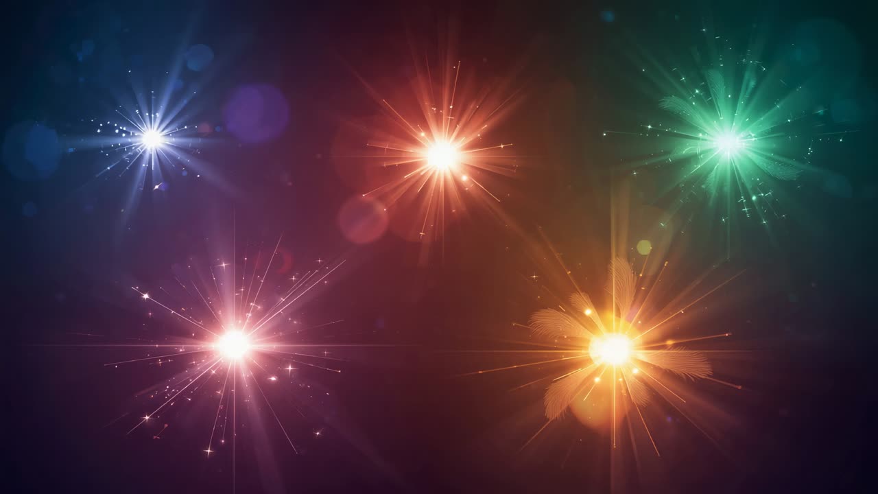 Loop starting, five starbursts pulsing and emitting sparks on dark backdrop for ambient display