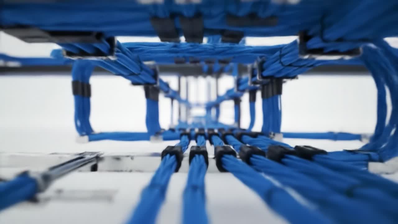 A detailed look into a data center showcasing the organization and management of blue network cables.
