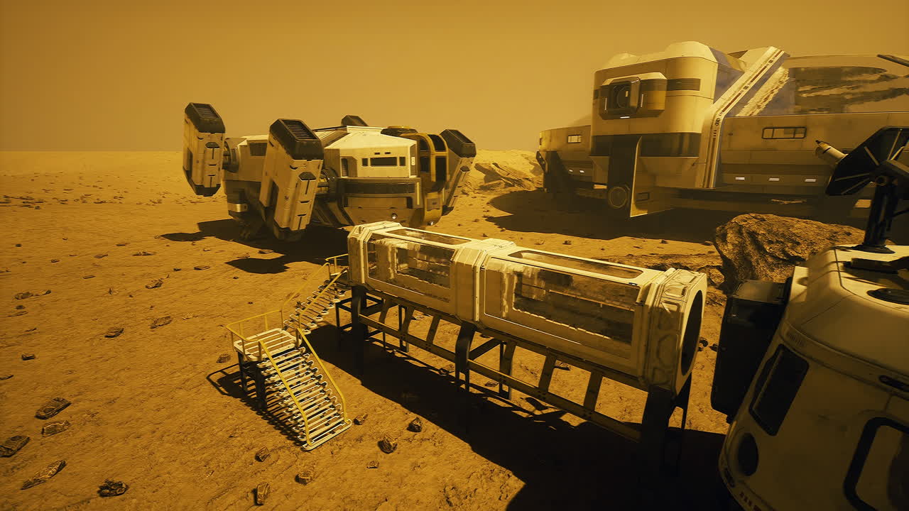 Mars colony habitat with vehicles and structures on the martian surface