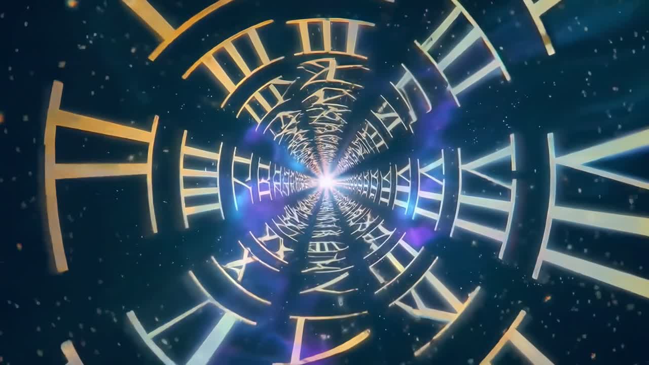 Futuristisk videokoncept med et ormehul af romertal, fanget fra en central vinkel