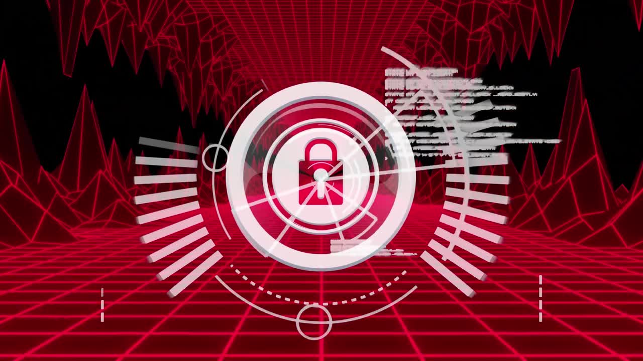 Animation of online security padlock with data processing in red tunnel on black background