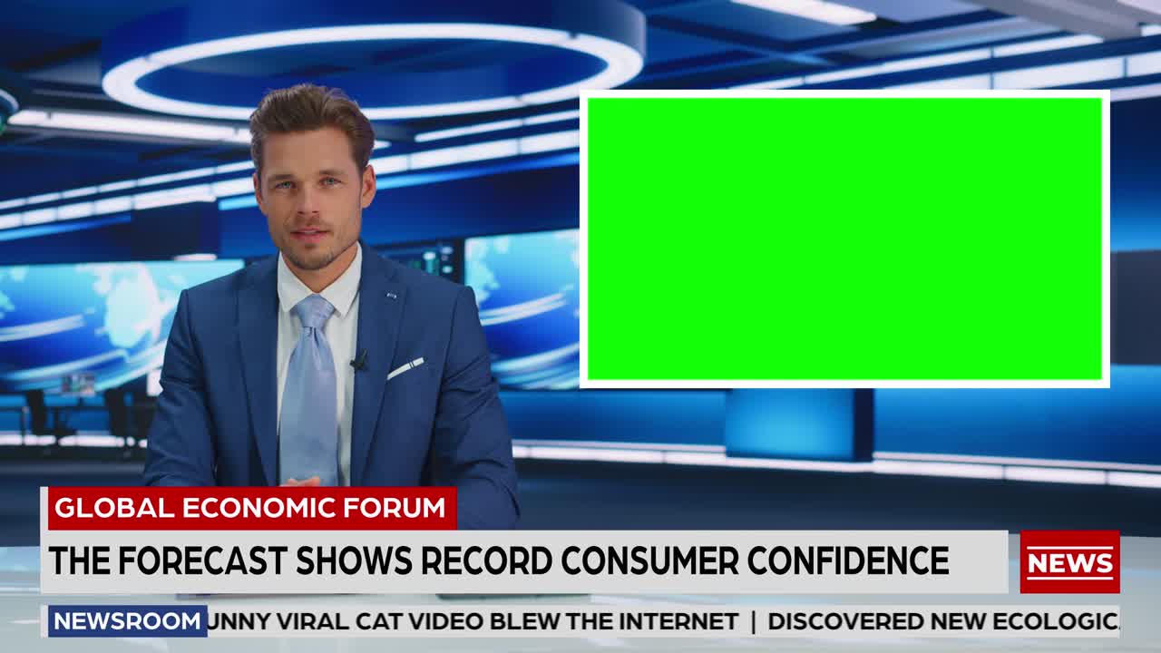 Newsroom TV Studio Live News Program: Caucasian Male Presenter Reporting, Green Screen Chroma Key Screen Picture. Television Cable Channel Anchor Talks. Network Broadcast Mock-up Playback. Static