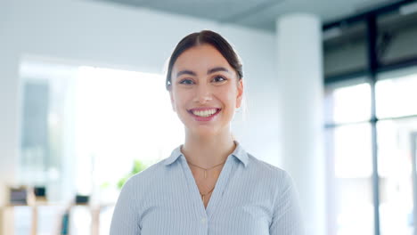 business woman, face and laughing in office