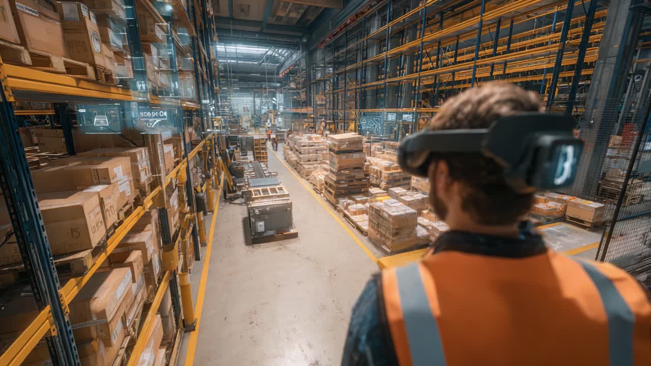A Progressive Warehouse Environment Showcasing Advanced Technology with Augmented Reality Assistance for Efficient Inventory Management and Logistics Operations in a Modern Distribution Center