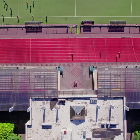 aerial view of a stadium with track and field