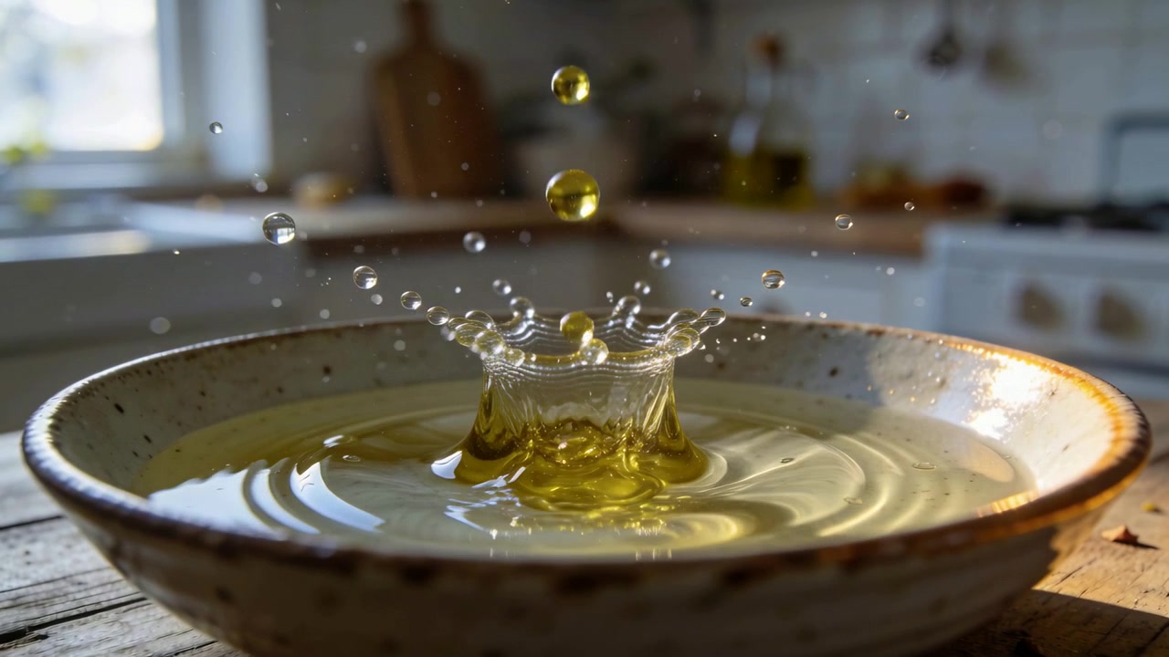 Goccia che cade creando uno schizzo a corona in una ciotola di ceramica maculata su un tavolo di legno, con olio giallo illuminato