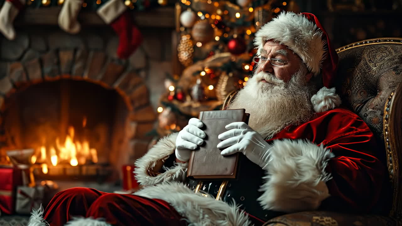 Santa by the Christmas fire. Santa relaxes in a chair with a book as a cozy fireplace crackles nearby, adding to the festive vibe