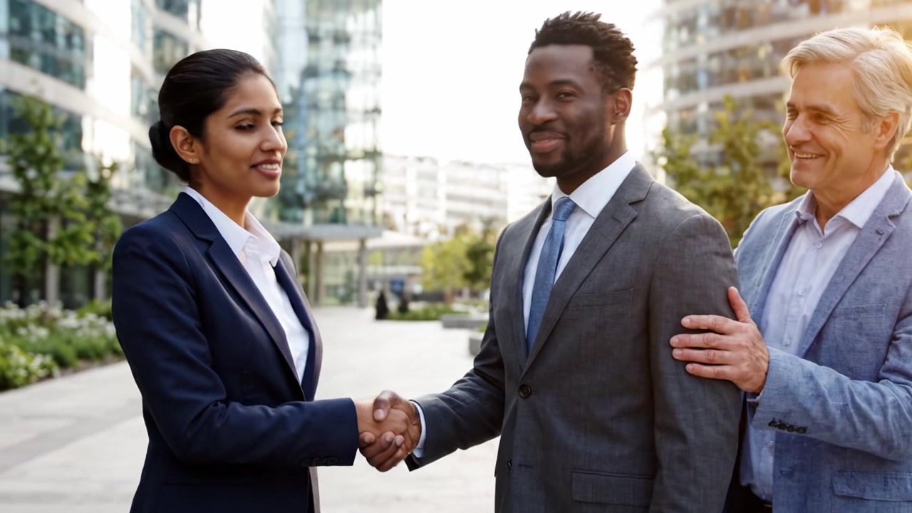 Two Professionals Engaging in a Friendly Conversation in an Outdoor Urban Setting, Illustrated by Their Smiling Faces and Body Language Reflecting Positive Interaction