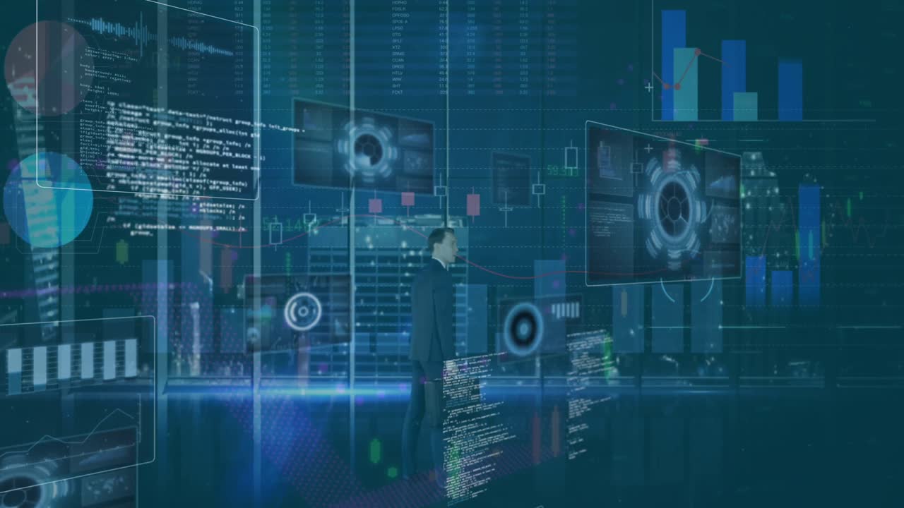 animación del procesamiento de datos en pantallas sobre la vista trasera de un empresario que utiliza una pantalla táctil