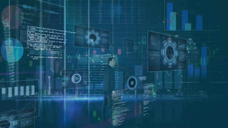 Animation of data processing on screens over back view of businessman using touchscreen