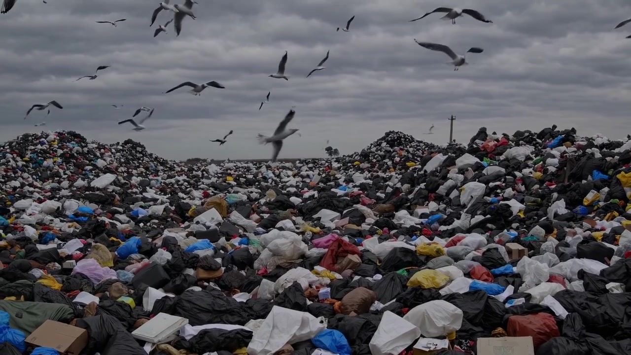 Gabbiani in volo sopra un'enorme discarica sotto un cielo nuvoloso