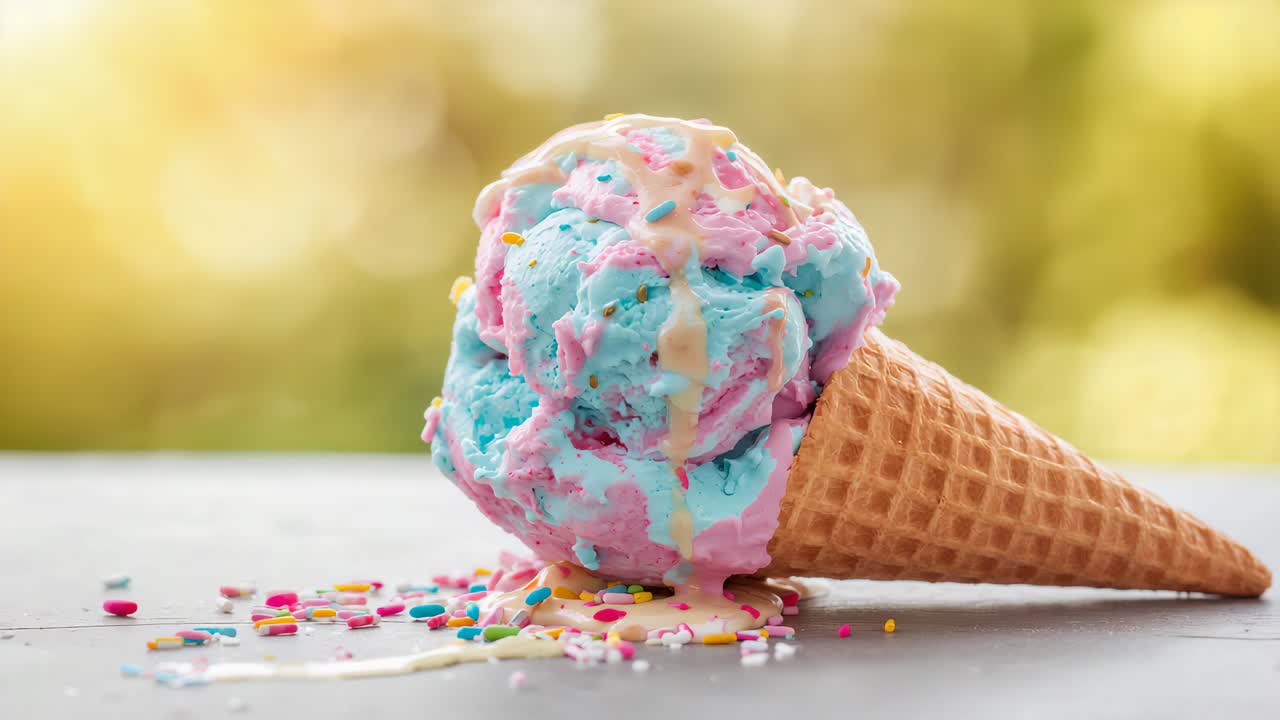 Smeltende blauwe en roze bolletjes wafelijs, zachte druipende saus en spikkels op tafel onder de zon