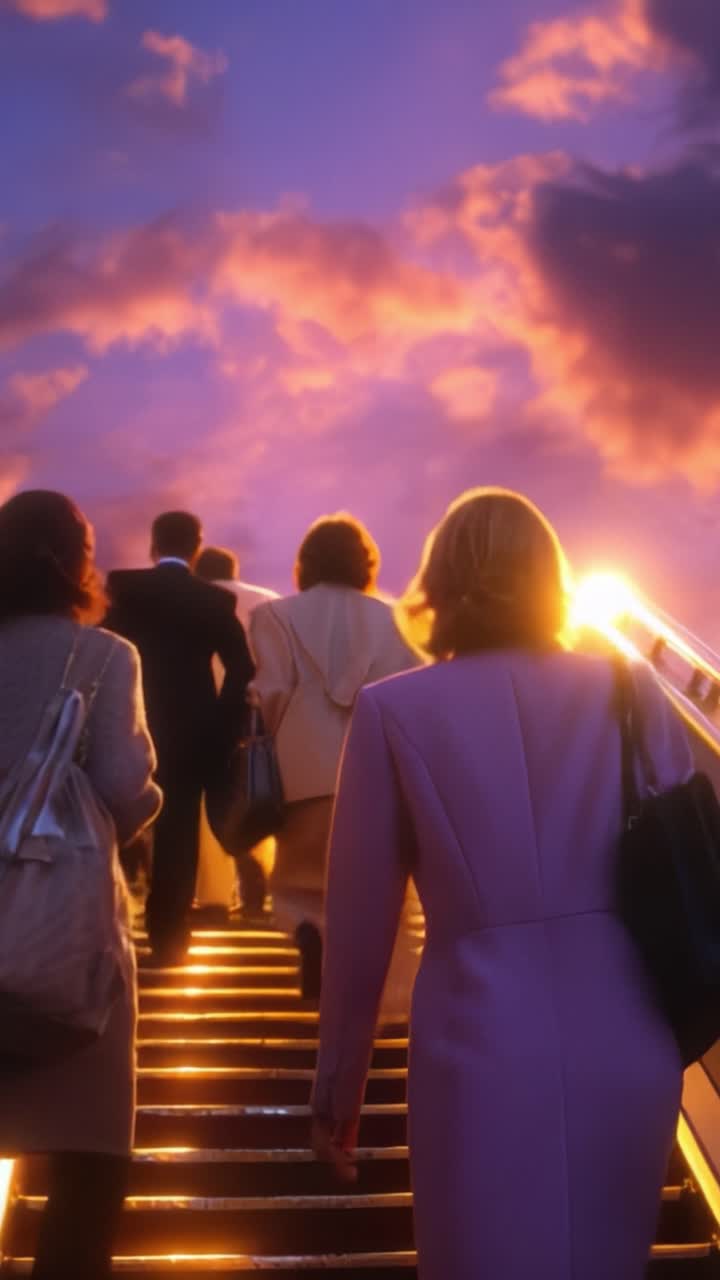Un gruppo di persone che salgono gradini illuminati contro un cielo mozzafiato al tramonto pieno di nuvole, creando una scena vivida e ispiratrice di viaggio e speranza.