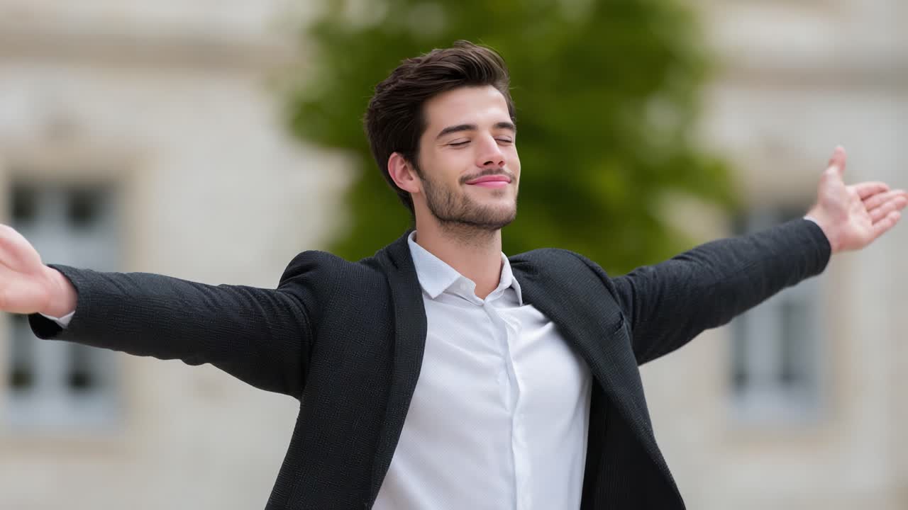 A Confident Man Embracing the Moment with Outstretched Arms, Radiating Joy and Positivity in a Natural Outdoor Setting