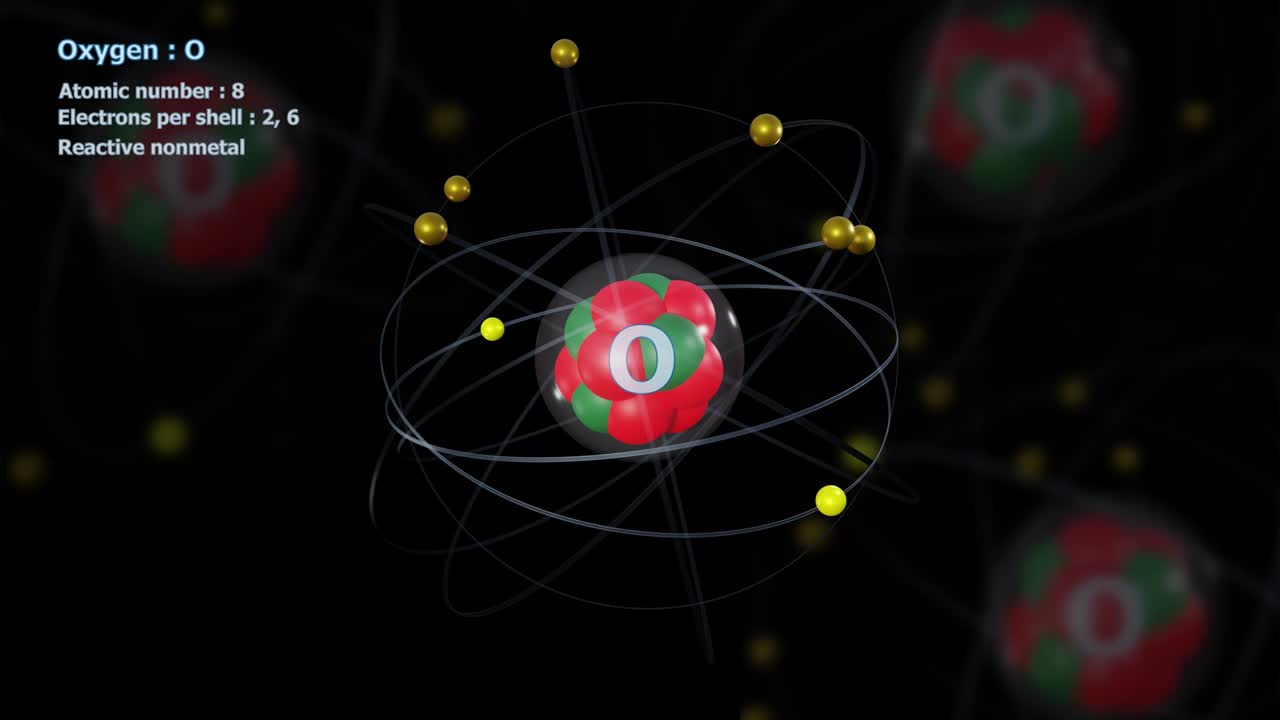 атом кислорода с 8 электронами в бесконечном орбитальном вращении с атомами