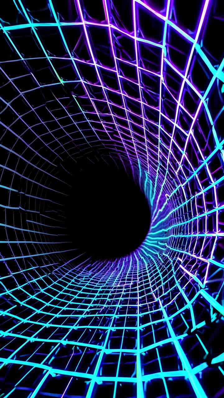 Data streaming through glowing blue grid tunnel, representing digital information flow within virtual network landscape