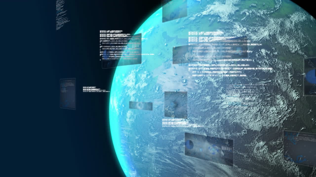Digital data and images floating around Earth in space-themed animation