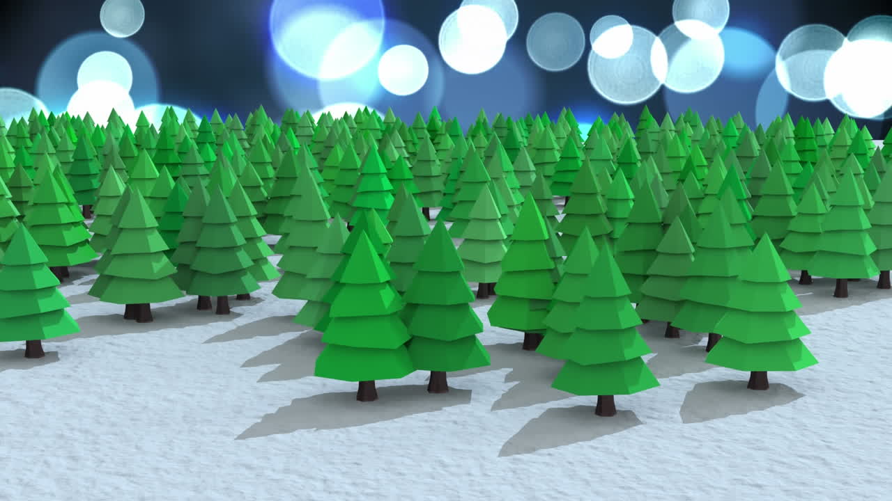 Animation of fir trees in winter scenery over flickering blue spotlights