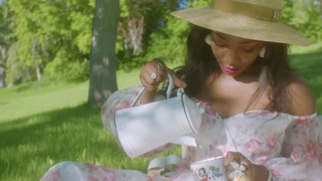 Black-Woman-pouring-drinking-tea-in-park-picnic-blanket-close-up