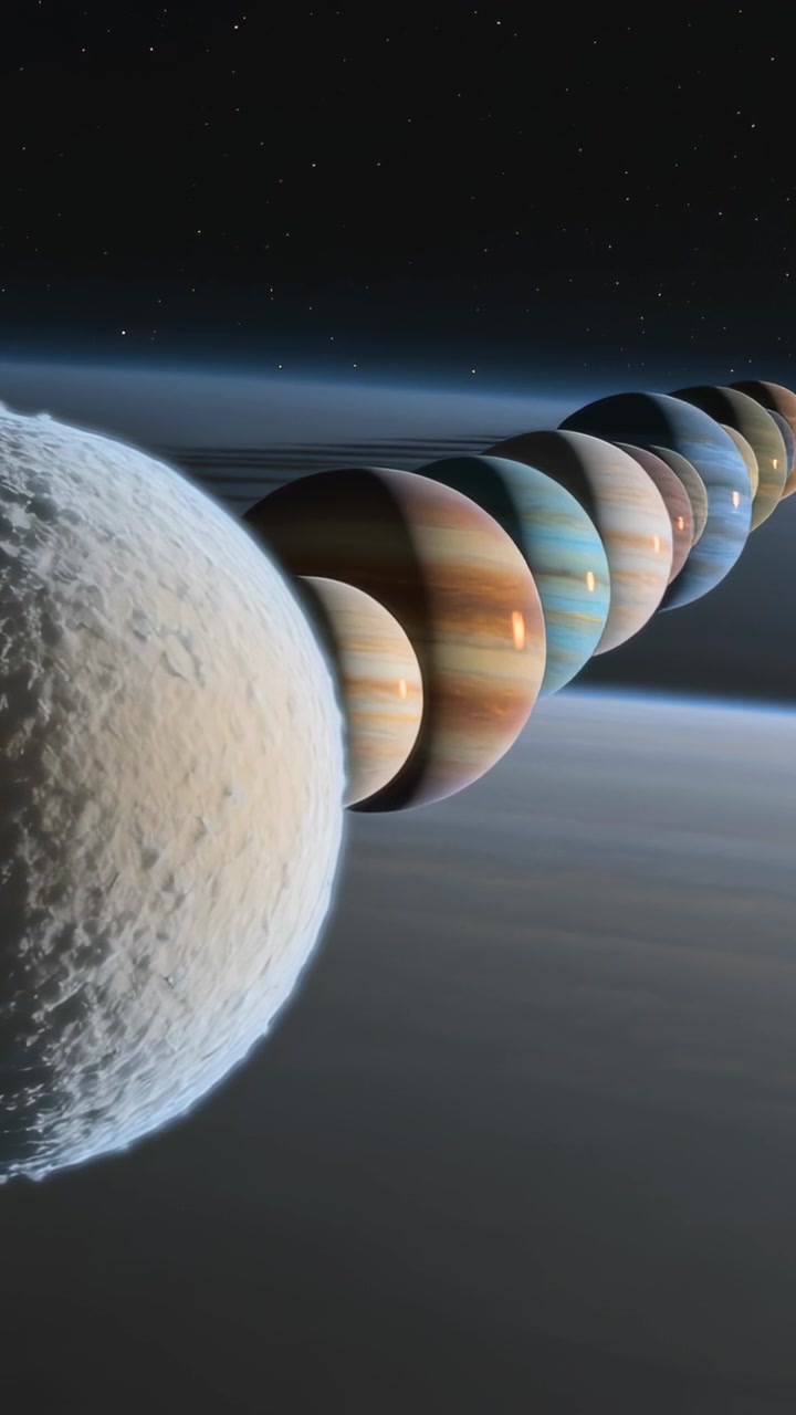 Vertical video: Panning camera tracking banded giant planets past cratered icy moon in space, limb