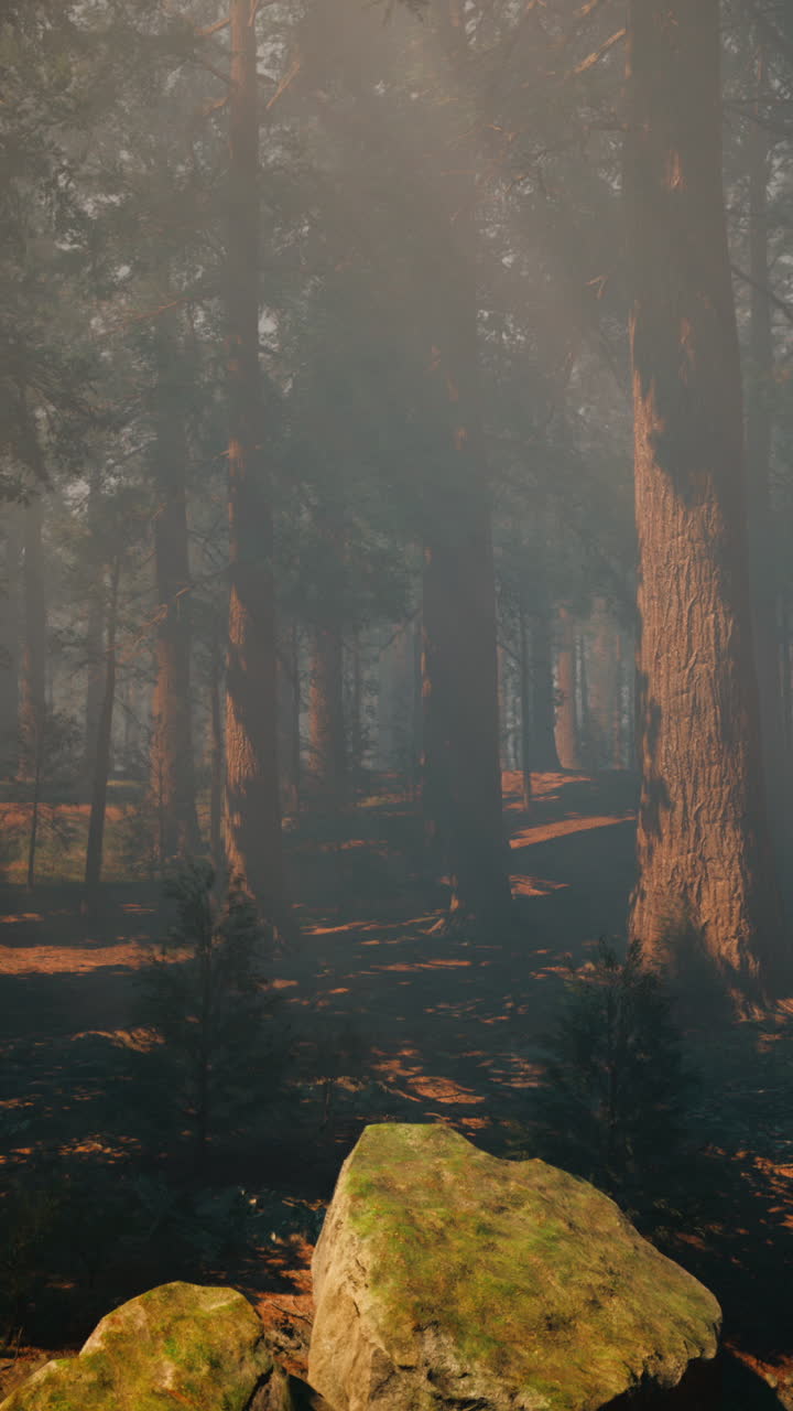 숲 속 의 안개 를 통과 하는 빛