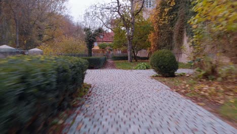 Un-Dron-Vuela-Bajo-Y-Rápido-En-El-Parque-Sobrevuela-El-Seto-Y-El-Camino-Pavimentado