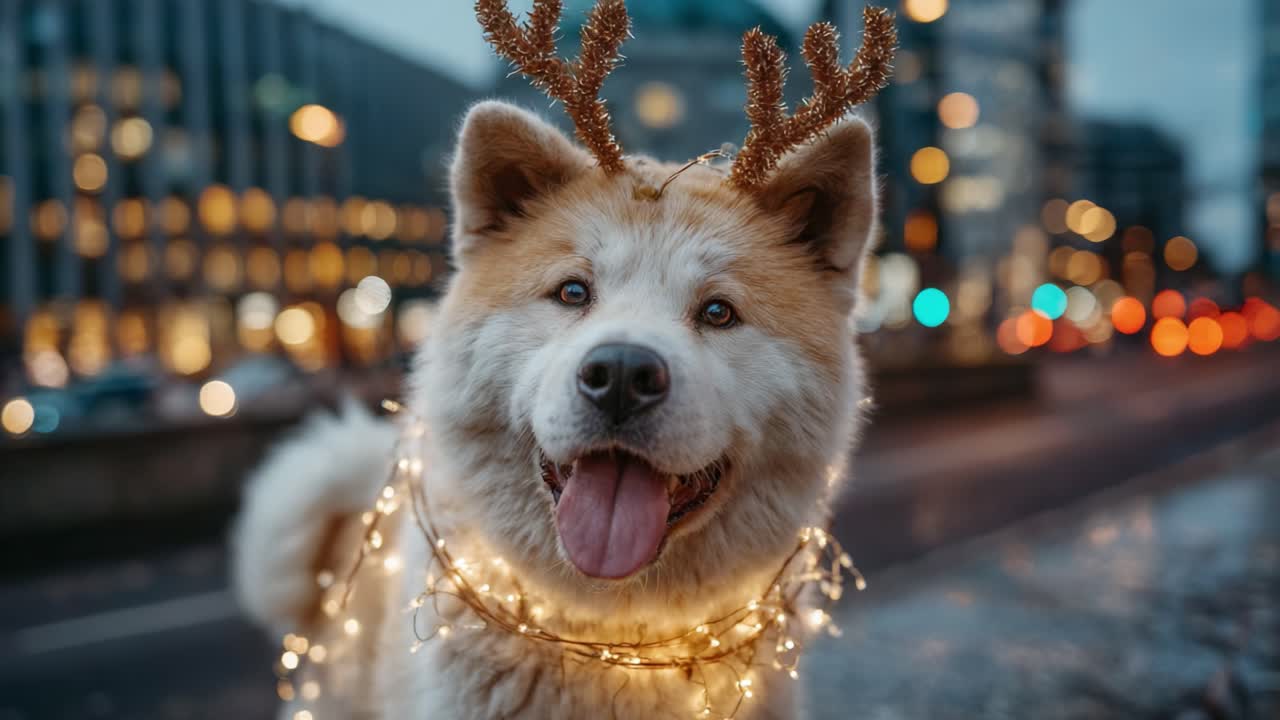 A Joyful Akita Dog Dressed in Holiday Antlers and Twinkling Lights, Spreading Cheer in a Festive Urban Setting During the Winter Season