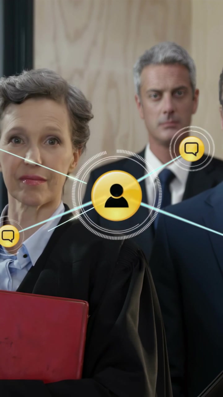 Vertical video: HUD appearing, expanding over judge with red binder in court, mapping law network