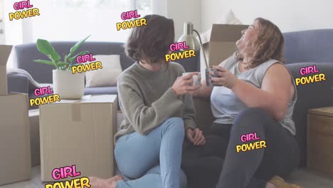 animación de texto de poder de la niña sobre dos mujeres bebiendo café