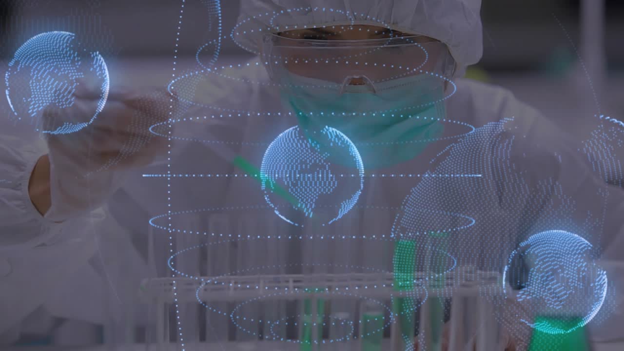 Vertical video: Lab scientist reaching for pipette and pipetting, holograms marking tubes for tests