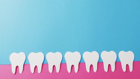 Video-of-white-paper-teeth-in-pink-gum-on-blue-background-with-copy-space