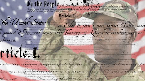 saluting soldier over united states constitution text animation with american flag background