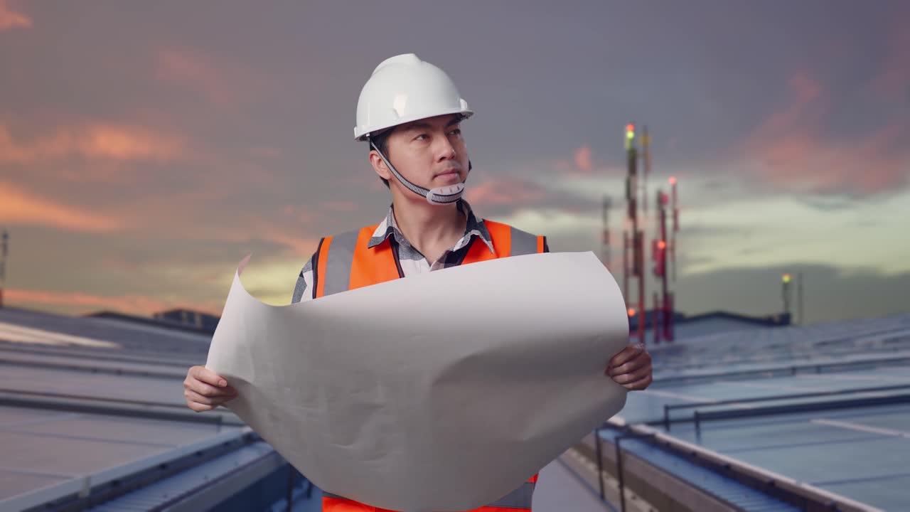 Ingeniero asiático con casco de seguridad mirando un plano en sus manos y mirando alrededor mientras está de pie e inspecciona paneles solares en una azotea